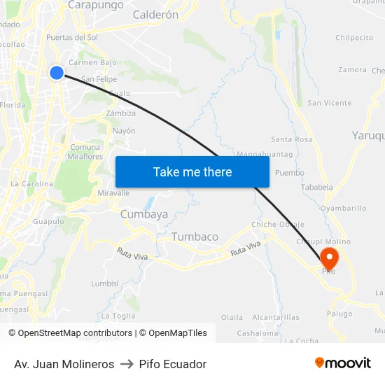 Av. Juan Molineros to Pifo Ecuador map