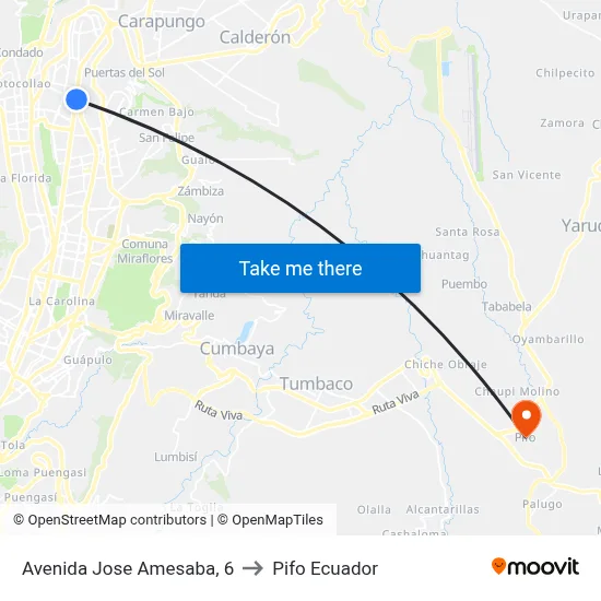 Avenida Jose Amesaba, 6 to Pifo Ecuador map