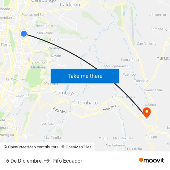 6 De Diciembre to Pifo Ecuador map