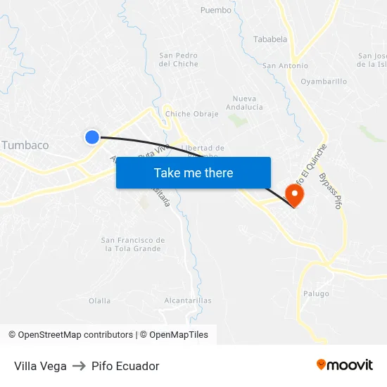 Villa Vega to Pifo Ecuador map
