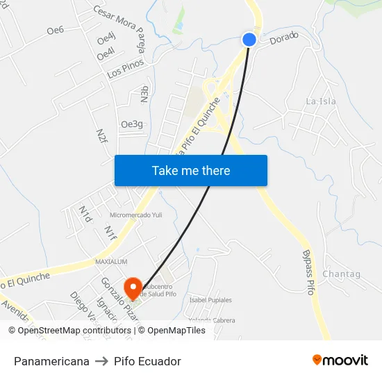 Panamericana to Pifo Ecuador map