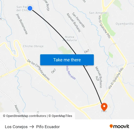 Los Conejos to Pifo Ecuador map