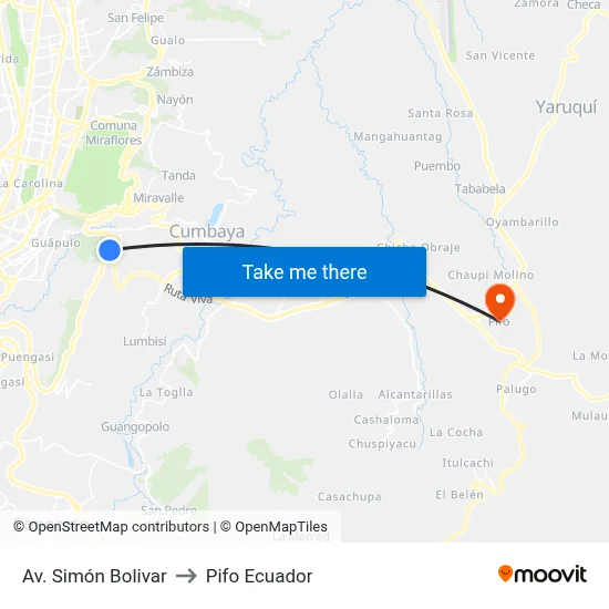 Av. Simón Bolivar to Pifo Ecuador map