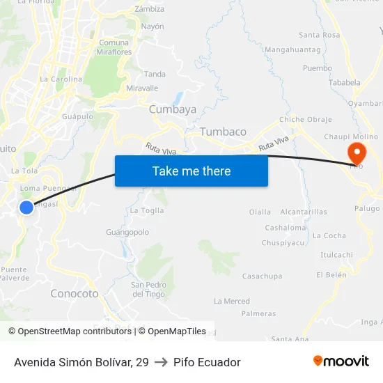 Avenida Simón Bolívar, 29 to Pifo Ecuador map