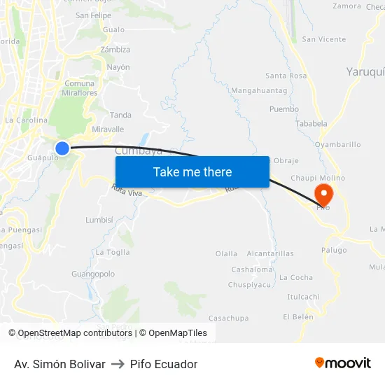Av. Simón Bolivar to Pifo Ecuador map