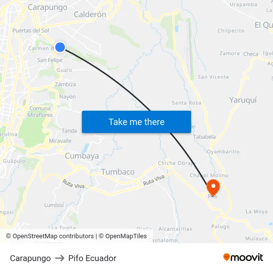Carapungo to Pifo Ecuador map