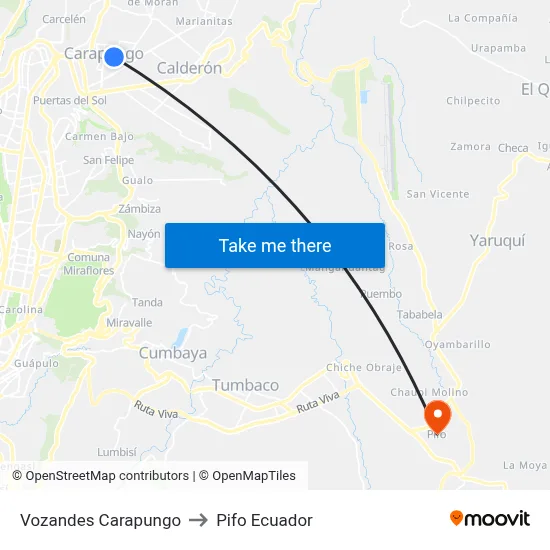 Vozandes Carapungo to Pifo Ecuador map