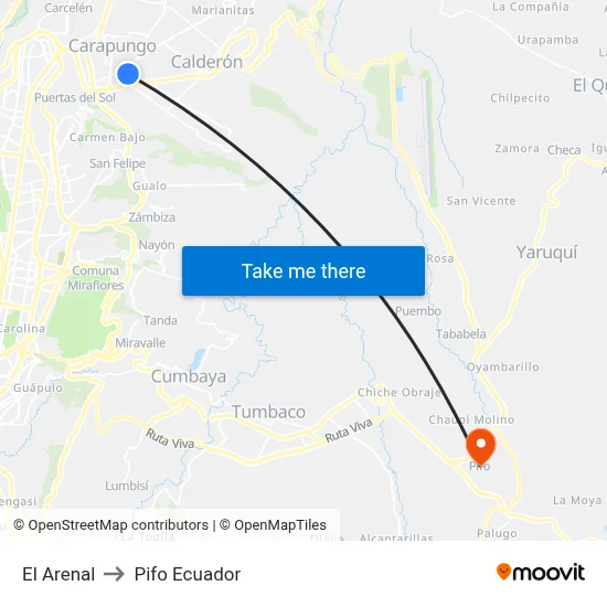 El Arenal to Pifo Ecuador map