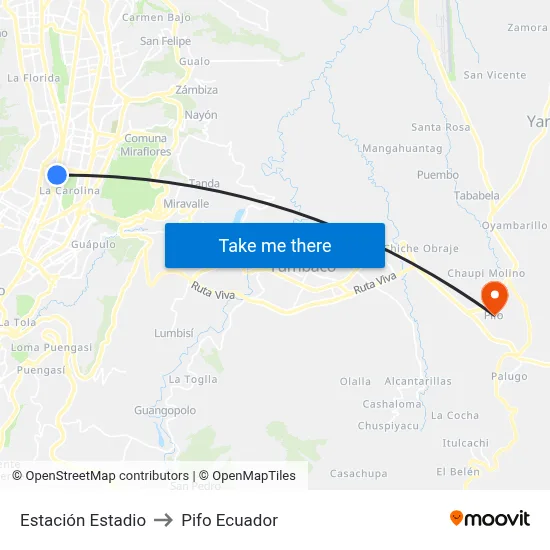 Estación Estadio to Pifo Ecuador map