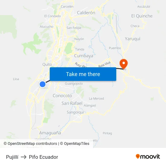 Pujillí to Pifo Ecuador map