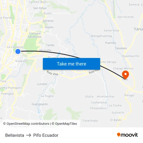 Bellavista to Pifo Ecuador map