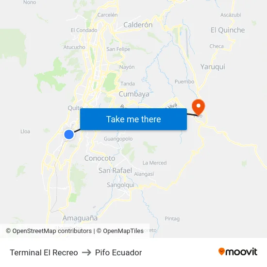 Terminal El Recreo to Pifo Ecuador map