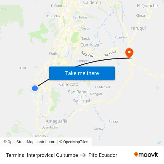 Terminal Interprovical Quitumbe to Pifo Ecuador map