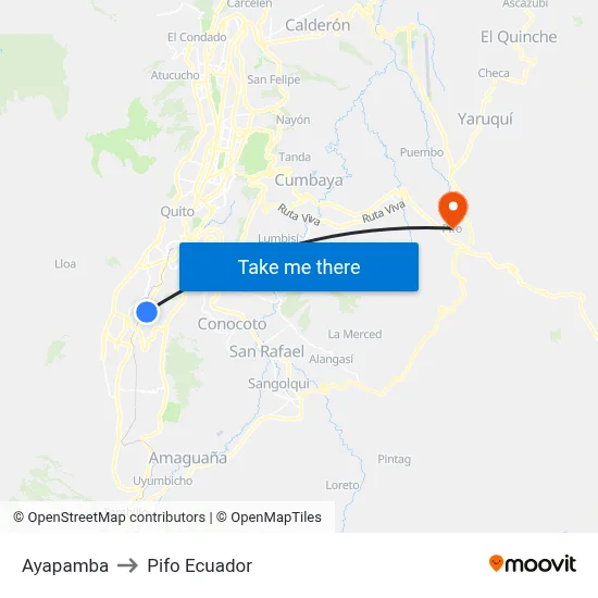 Ayapamba to Pifo Ecuador map