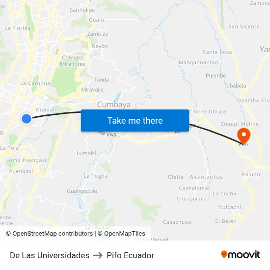 De Las Universidades to Pifo Ecuador map