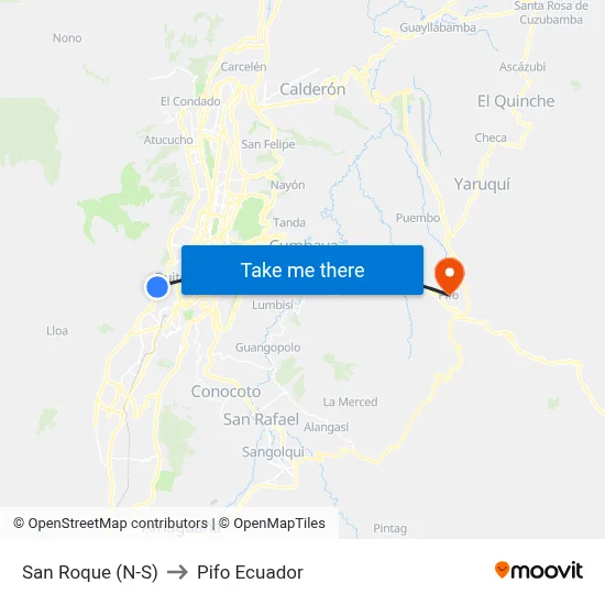 San Roque (N-S) to Pifo Ecuador map