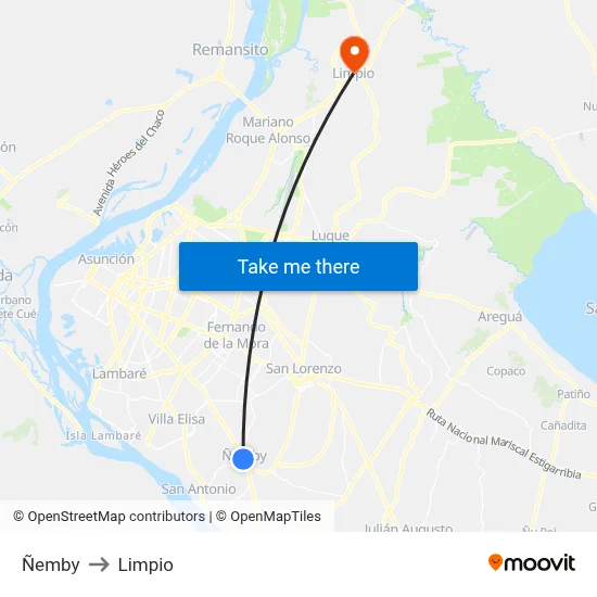 Ñemby to Limpio map