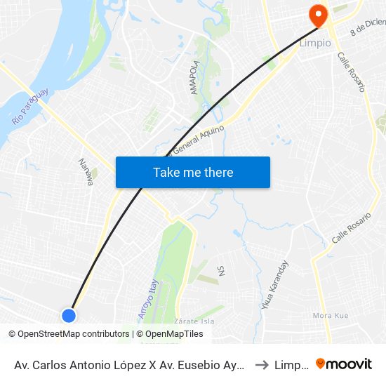 Av. Carlos Antonio López X Av. Eusebio Ayala to Limpio map