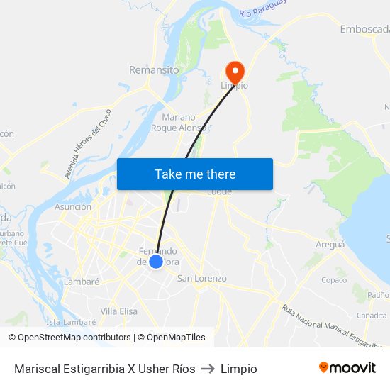 Mariscal Estigarribia X Usher Ríos to Limpio map