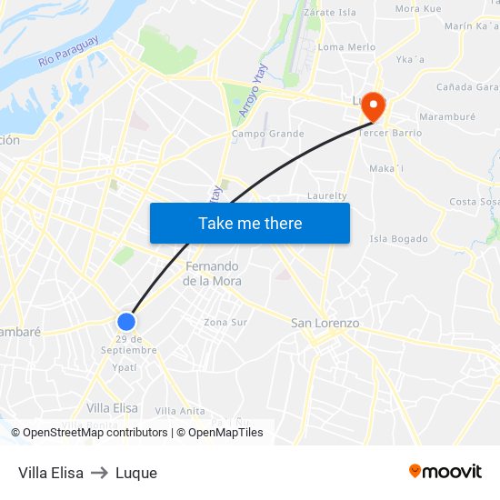 Villa Elisa to Luque map