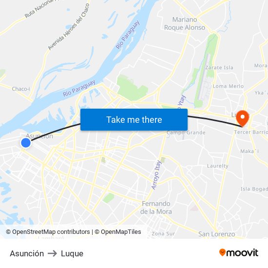 Asunción to Luque map