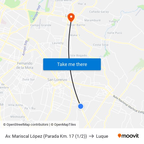 Av. Mariscal López (Parada Km. 17 (1/2)) to Luque map