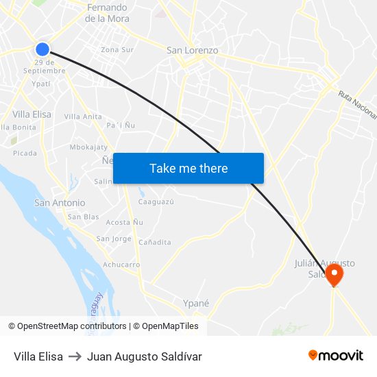 Villa Elisa to Juan Augusto Saldívar map