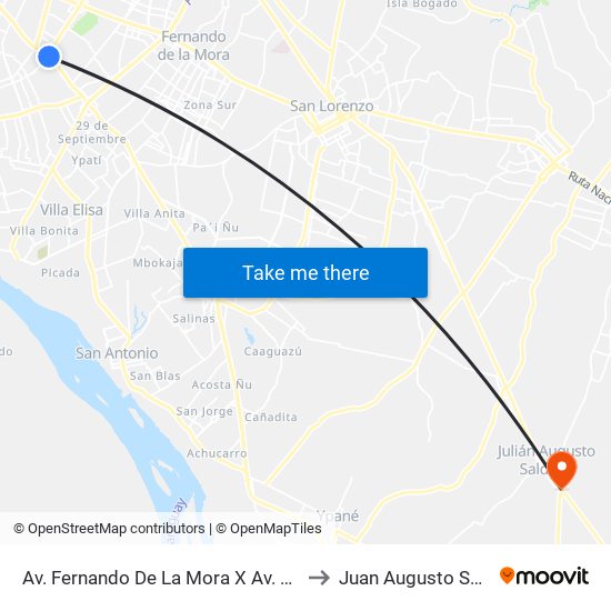 Av. Fernando De La Mora X Av. Argentina to Juan Augusto Saldívar map