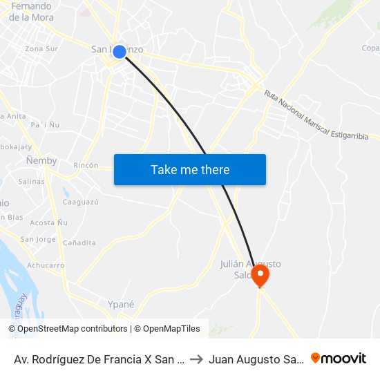 Av. Rodríguez De Francia X San Lorenzo to Juan Augusto Saldívar map