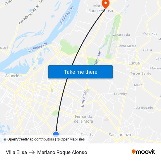 Villa Elisa to Mariano Roque Alonso map