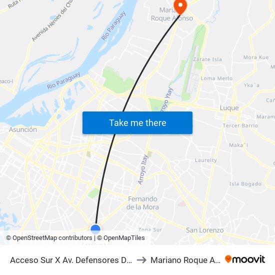 Acceso Sur X Av. Defensores Del Chaco to Mariano Roque Alonso map