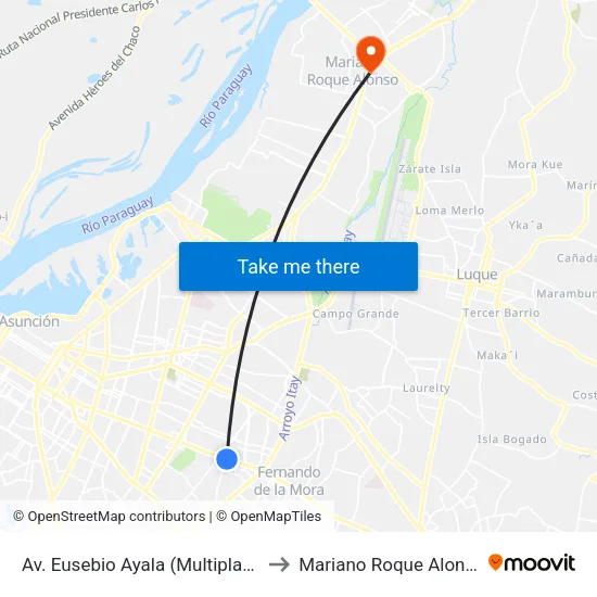 Av. Eusebio Ayala (Multiplaza) to Mariano Roque Alonso map