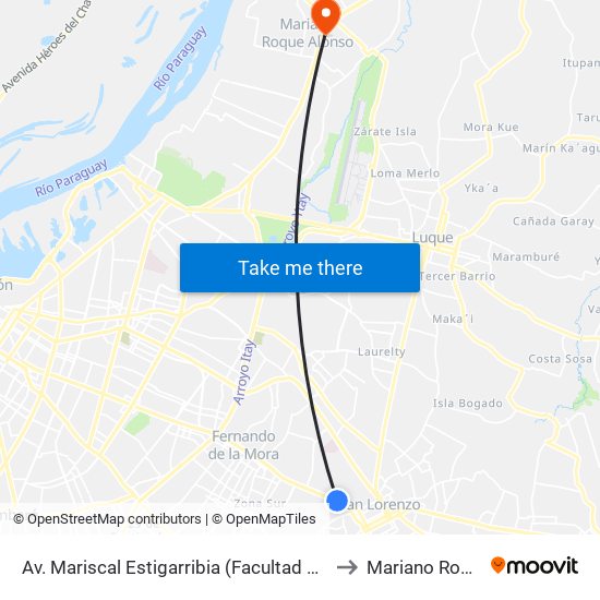 Av. Mariscal Estigarribia (Facultad De Ciencias Económicas) to Mariano Roque Alonso map