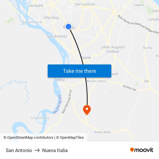 San Antonio to Nueva Italia map