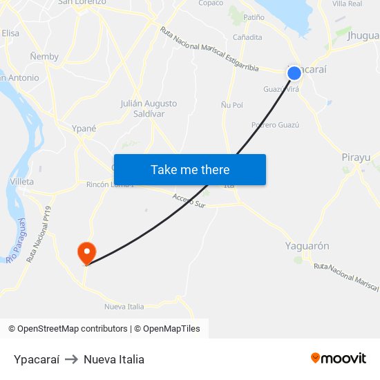 Ypacaraí to Nueva Italia map