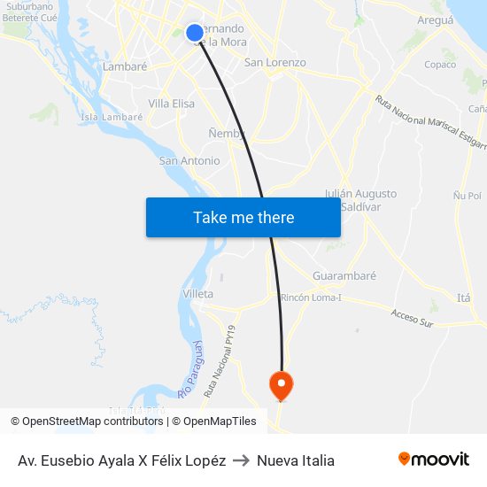 Av. Eusebio Ayala X Félix Lopéz to Nueva Italia map