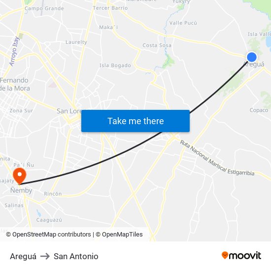 Areguá to San Antonio map