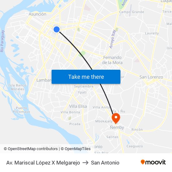 Av. Mariscal López X Melgarejo to San Antonio map