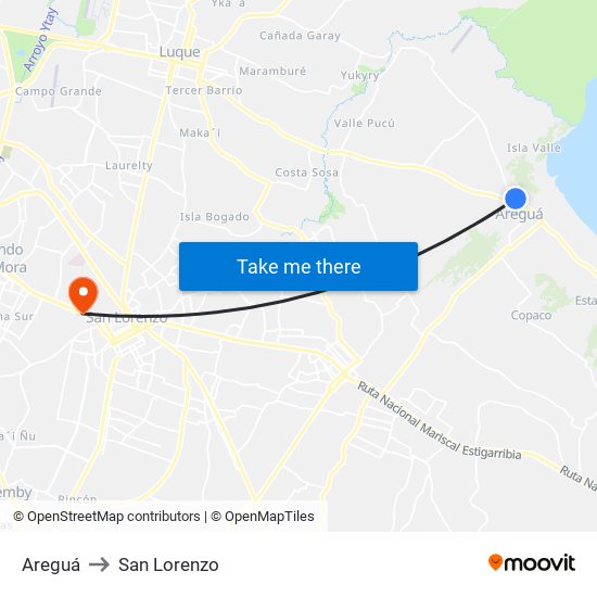 Areguá to San Lorenzo map