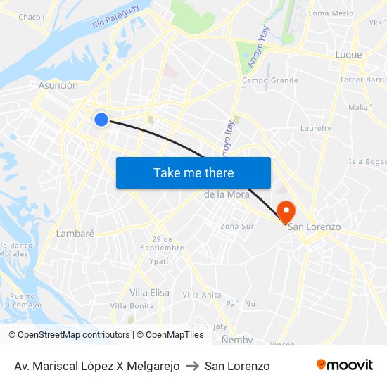 Av. Mariscal López X Melgarejo to San Lorenzo map