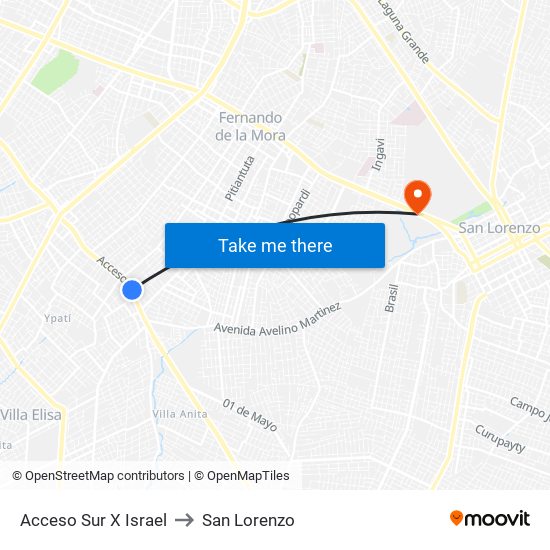 Acceso Sur X Israel to San Lorenzo map