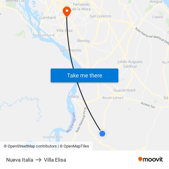 Nueva Italia to Villa Elisa map