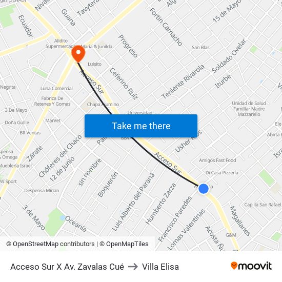 Acceso Sur X Av. Zavalas Cué to Villa Elisa map