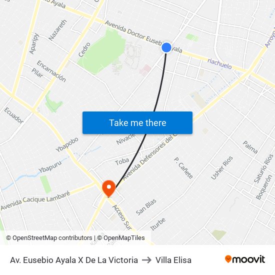 Av. Eusebio Ayala X De La Victoria to Villa Elisa map