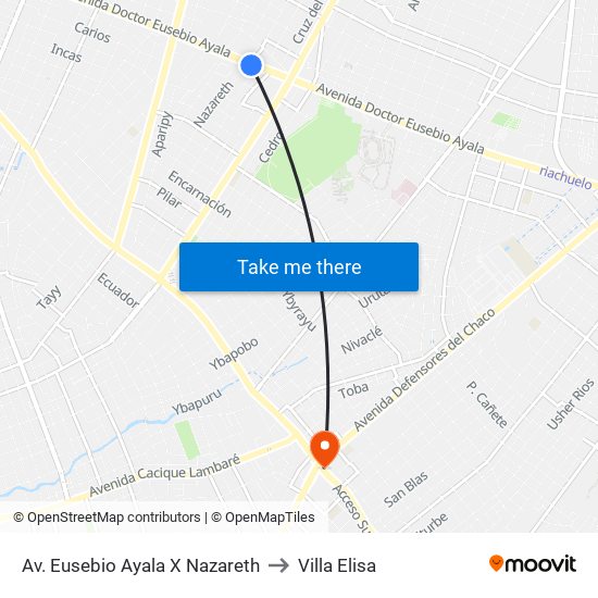 Av. Eusebio Ayala X Nazareth to Villa Elisa map