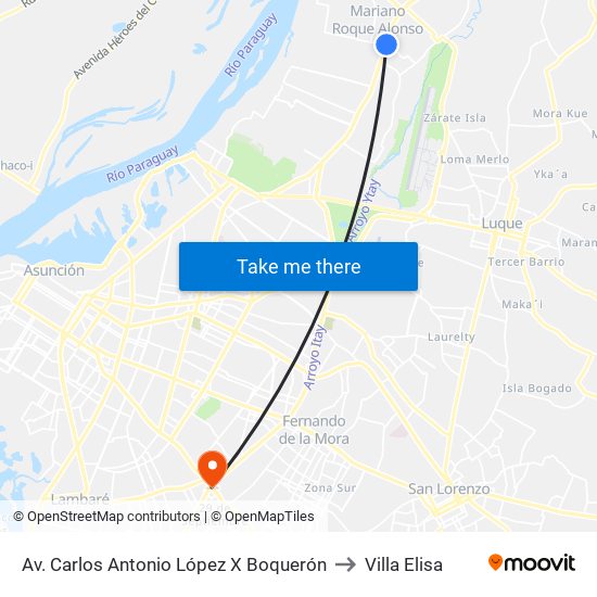 Av. Carlos Antonio López X Boquerón to Villa Elisa map