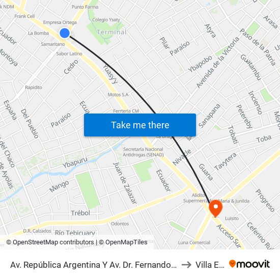 Av. República Argentina Y Av. Dr. Fernando De La Mora to Villa Elisa map