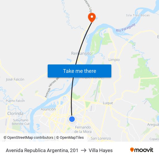 Avenida Republica Argentina, 201 to Villa Hayes map