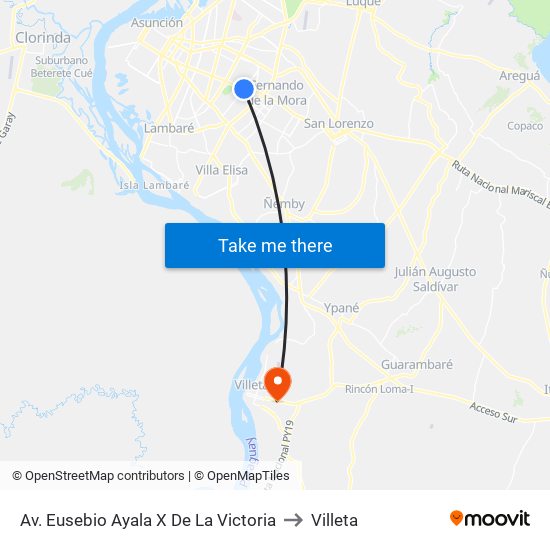 Av. Eusebio Ayala X De La Victoria to Villeta map