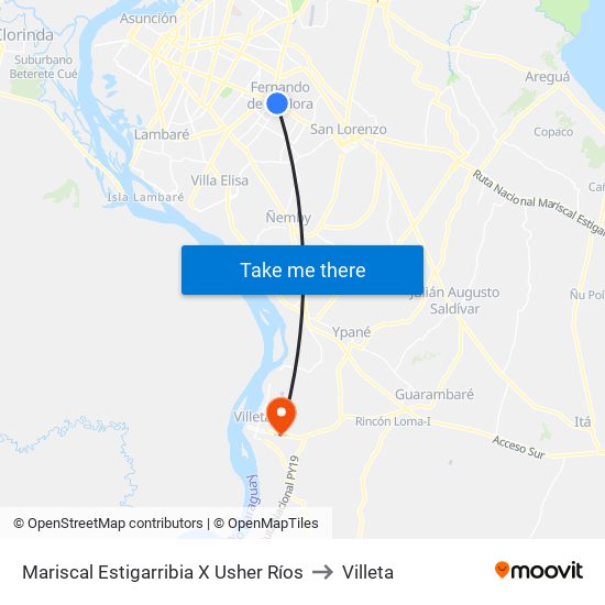 Mariscal Estigarribia X Usher Ríos to Villeta map